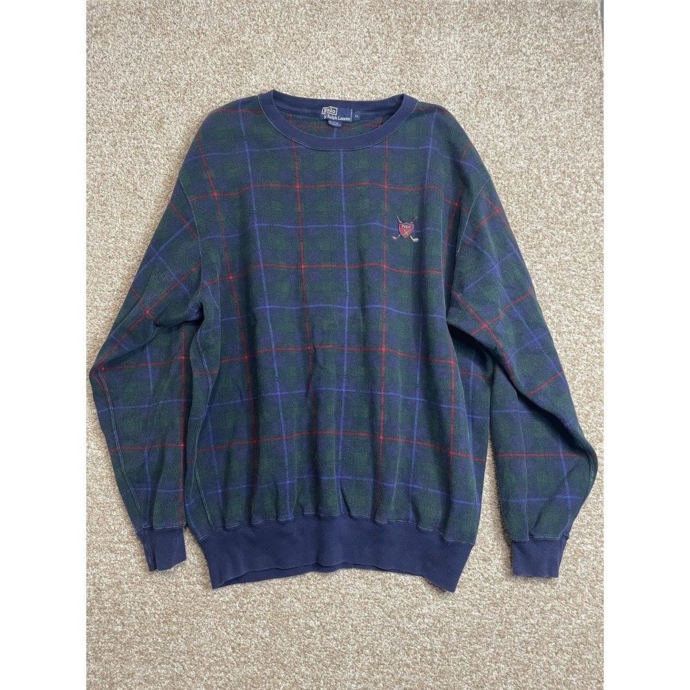 Rare VTG POLO RALPH LAUREN Spell Out Golf Shield Plaid Sweatshirt 90s‎ Green XL
